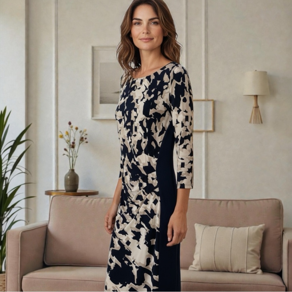 Ralph Lauren Navy white  3/4 Sleeve Midi Dress size 14 Measurements below